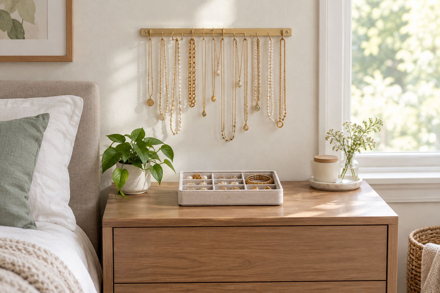 Separate necklaces hanging above a divided tray in a small bedroom
