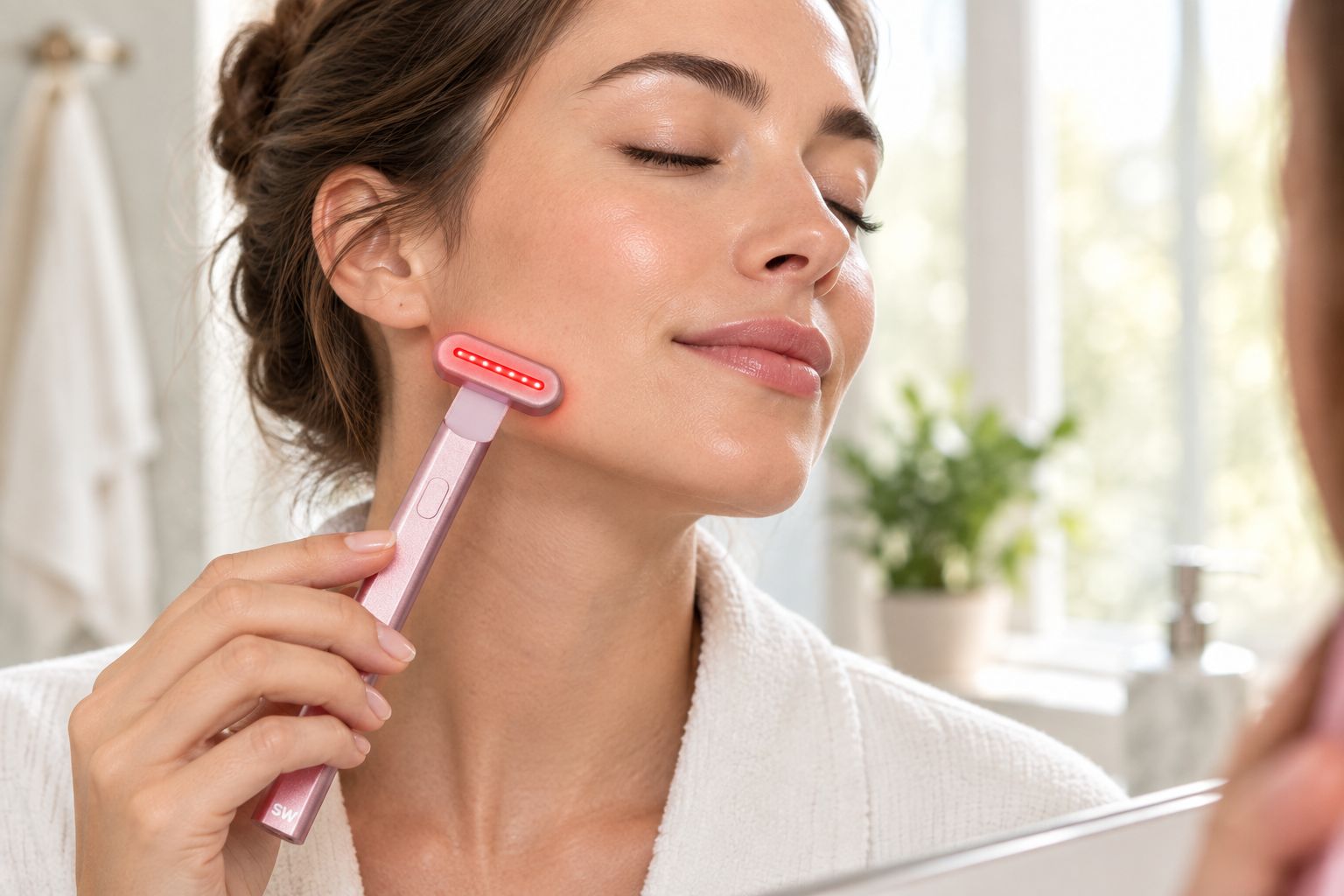 Red light therapy wand held against jawline during a morning skincare session