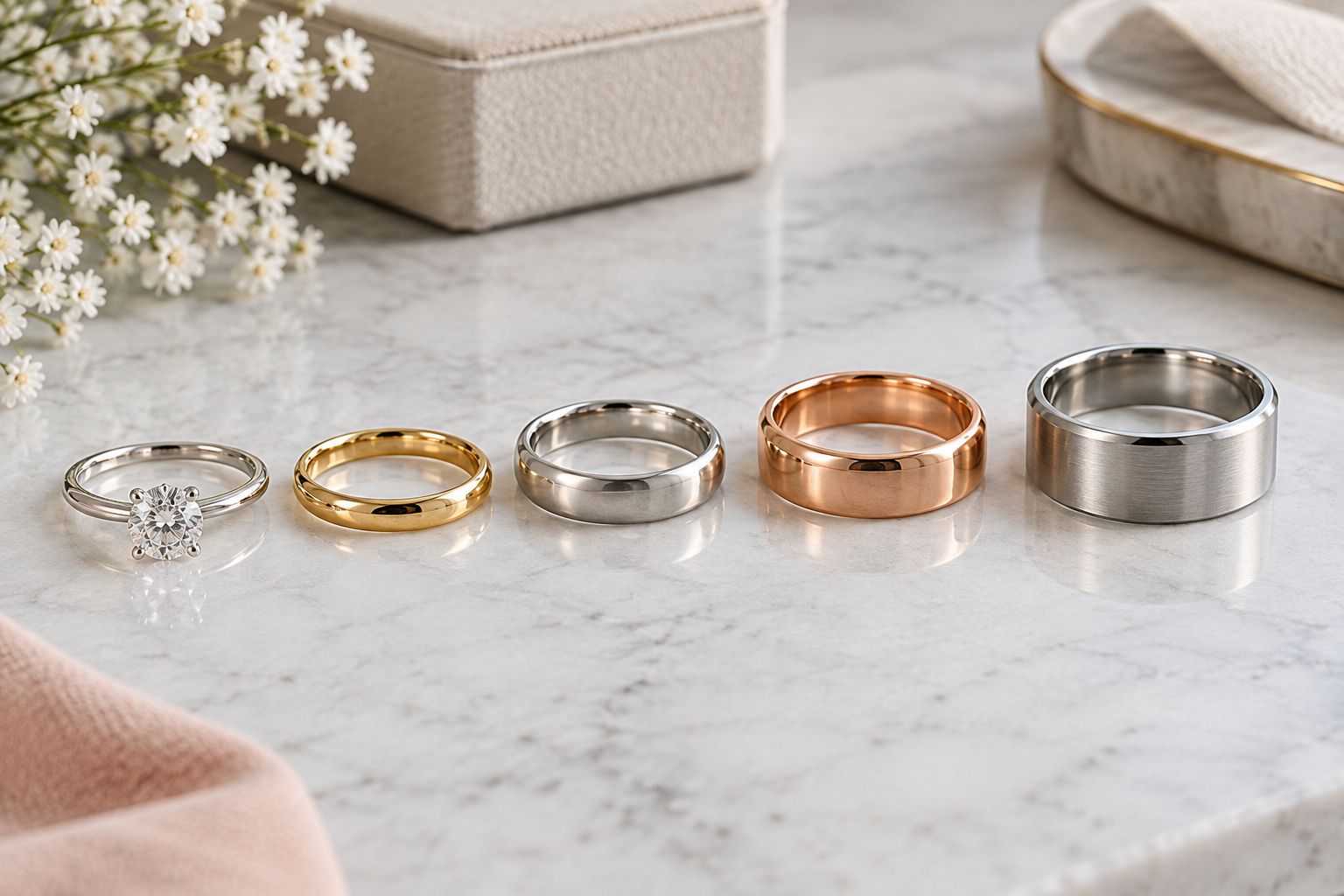 Plain bands of different widths beside a solitaire ring