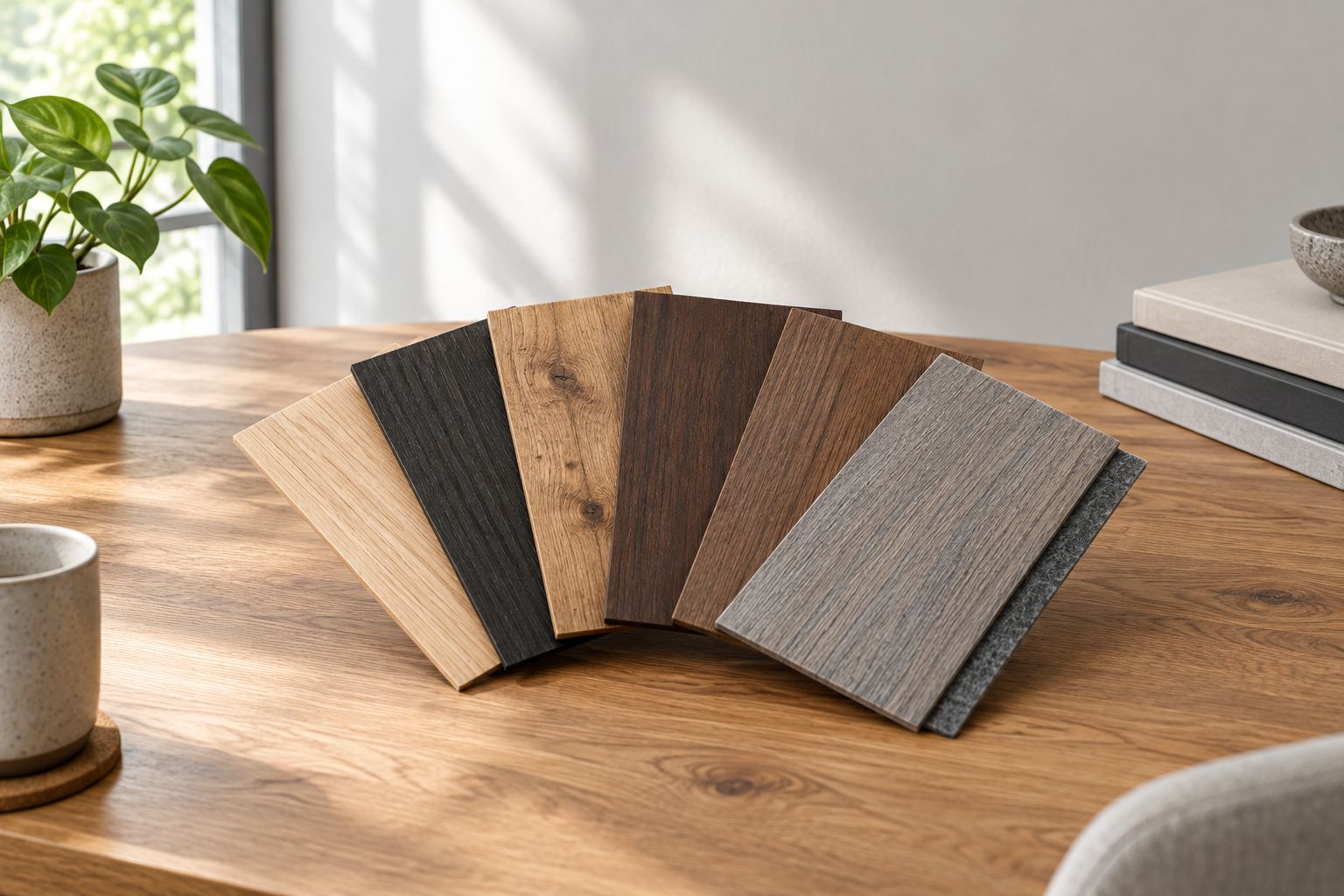 Six acoustic wall panel sample swatches in different wood finishes fanned out on a table