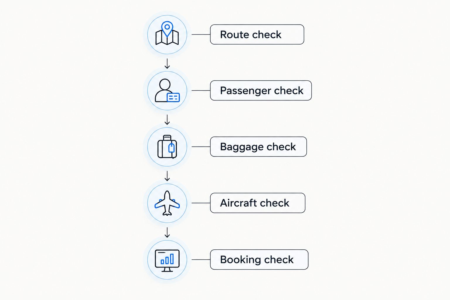 Five charter checks covering route, passengers, baggage, aircraft and booking terms