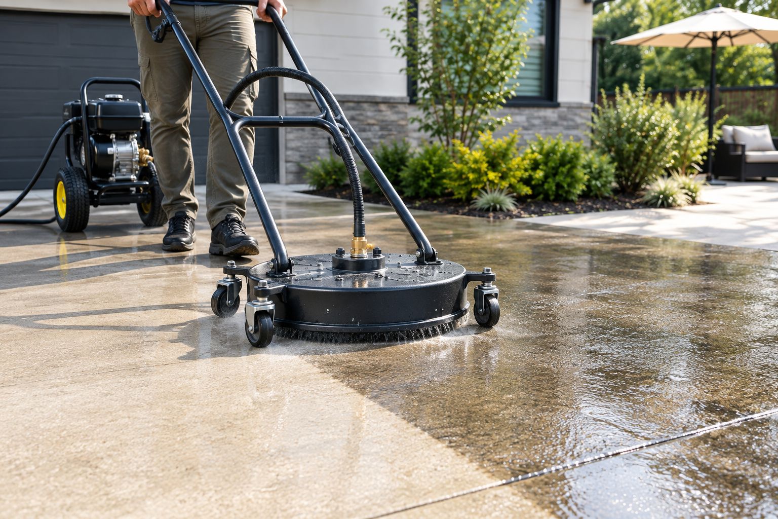 Surface cleaner attachment on a gas pressure washer cleaning a concrete driveway