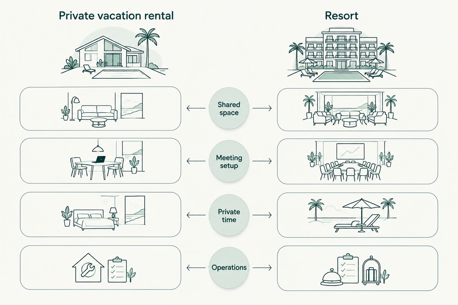 Private vacation rental and resort compared across shared space, meeting setup, private time and operations
