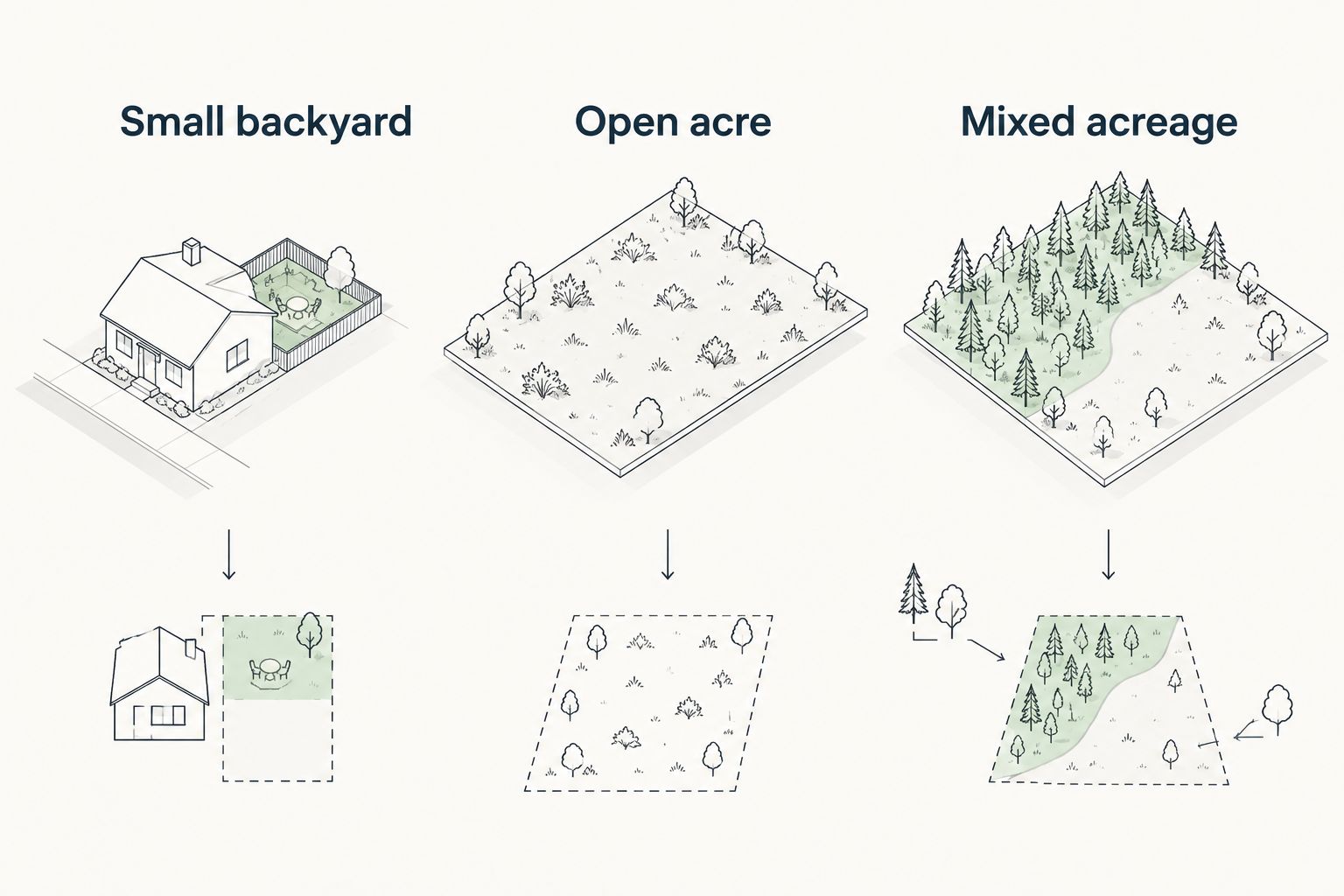 Comparison of a tight backyard, an open brush-covered parcel, and mixed acreage divided into work zones