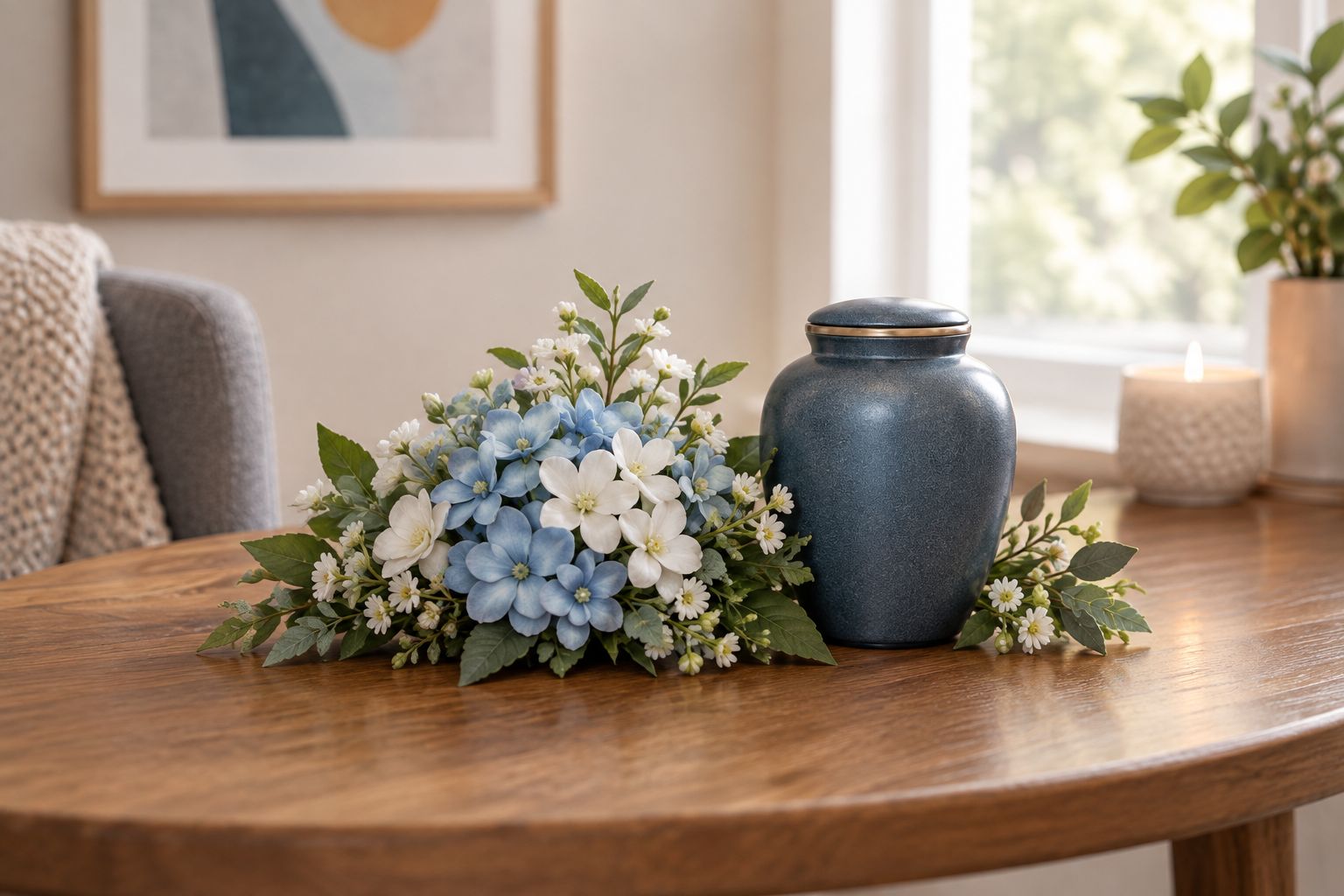 Small keepsake urn beside a compact silk flower cluster