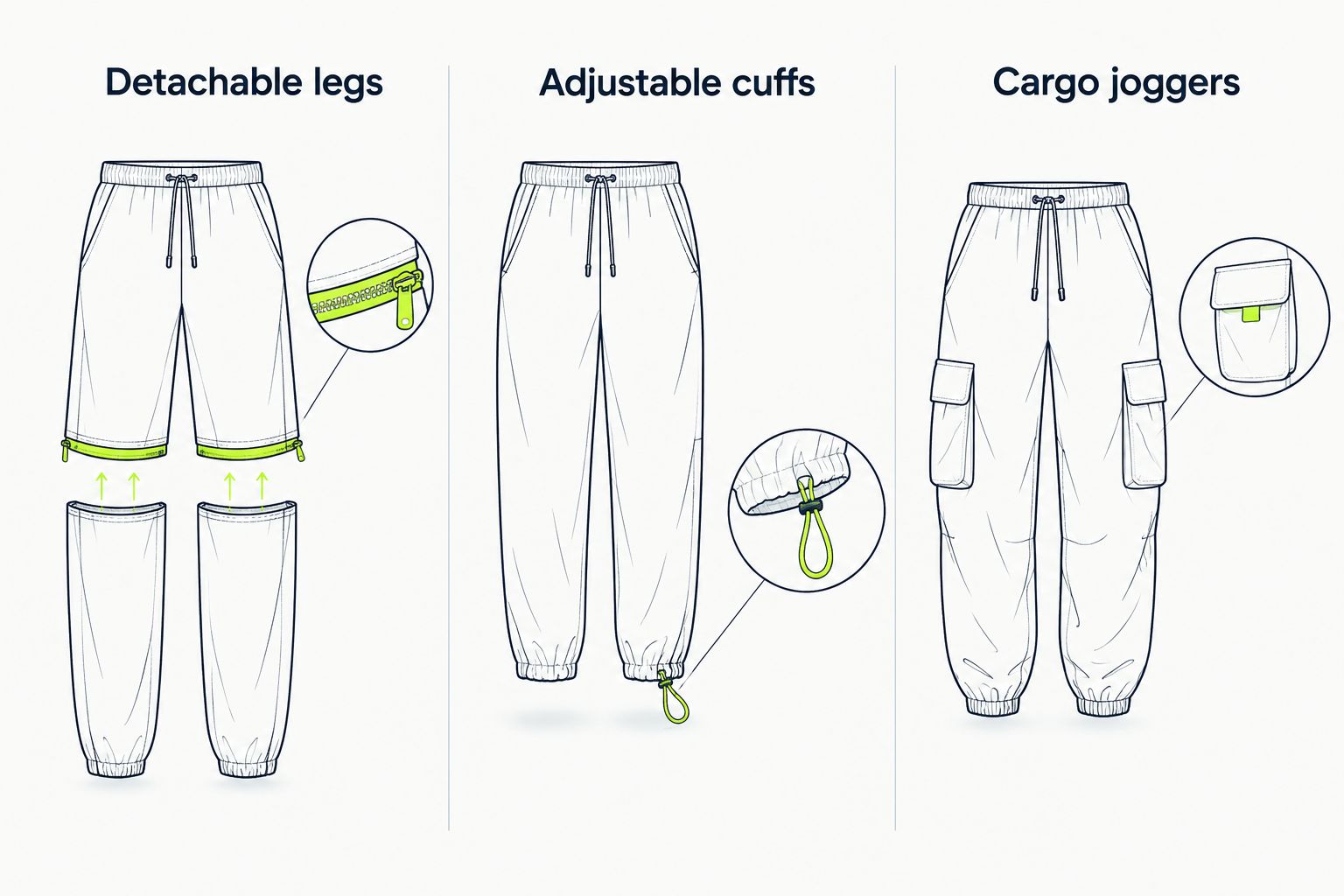 Three garment categories distinguish detachable legs, adjustable cuffs, and cargo joggers.