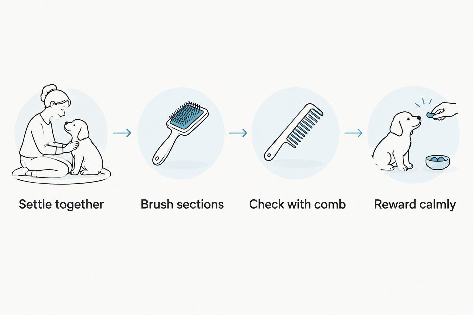 Four steps for gentle puppy grooming, from settling together to rewarding calm participation.
