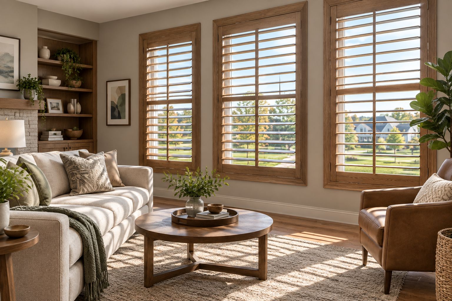Wood plantation shutters in a Columbus living room window with light coming through open louvers