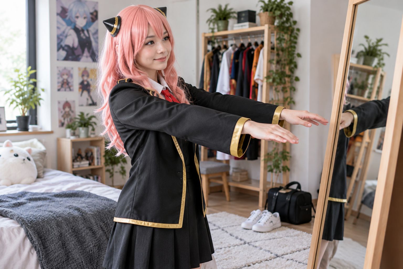 An adult checking shoulder and sleeve movement in a plain costume jacket