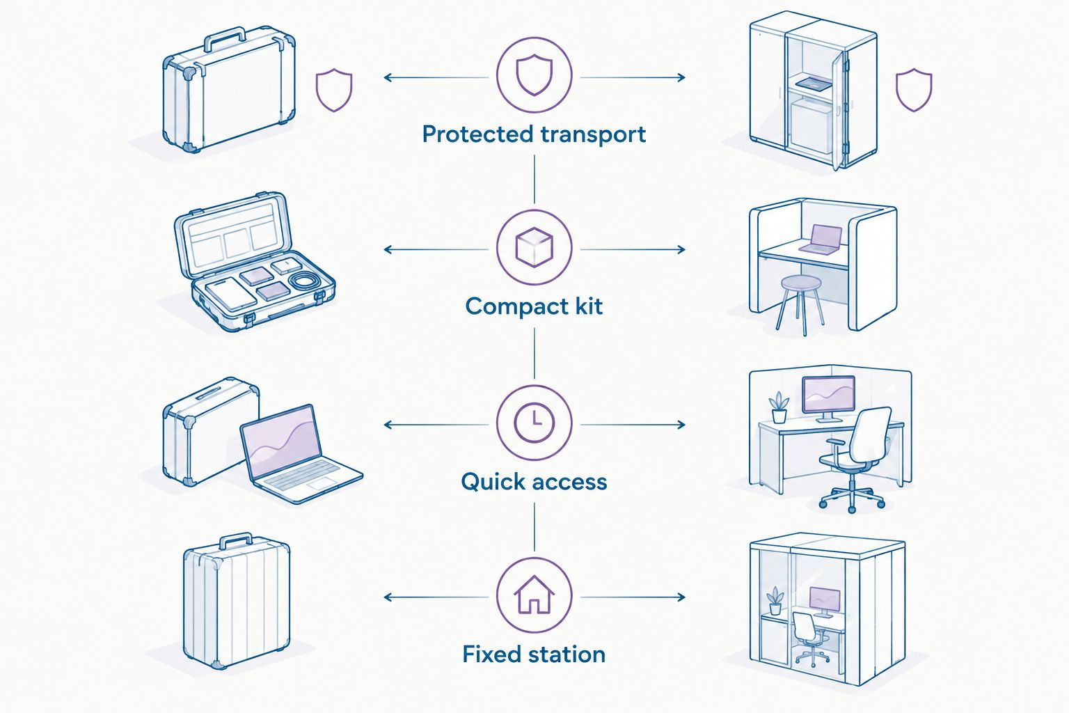 Comparison of protected transport for a compact kit with quick access at a fixed station