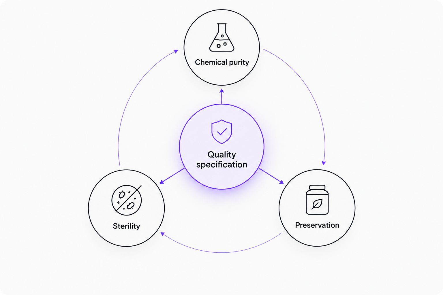 Chemical purity, sterility, and preservation shown as independent quality attributes