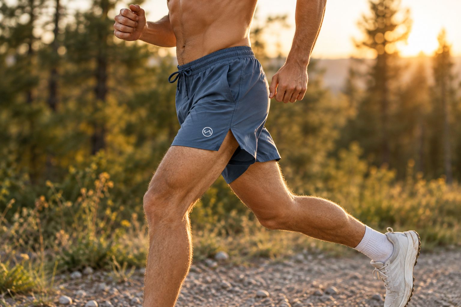 Man running outdoors on a gravel trail wearing mesh training shorts