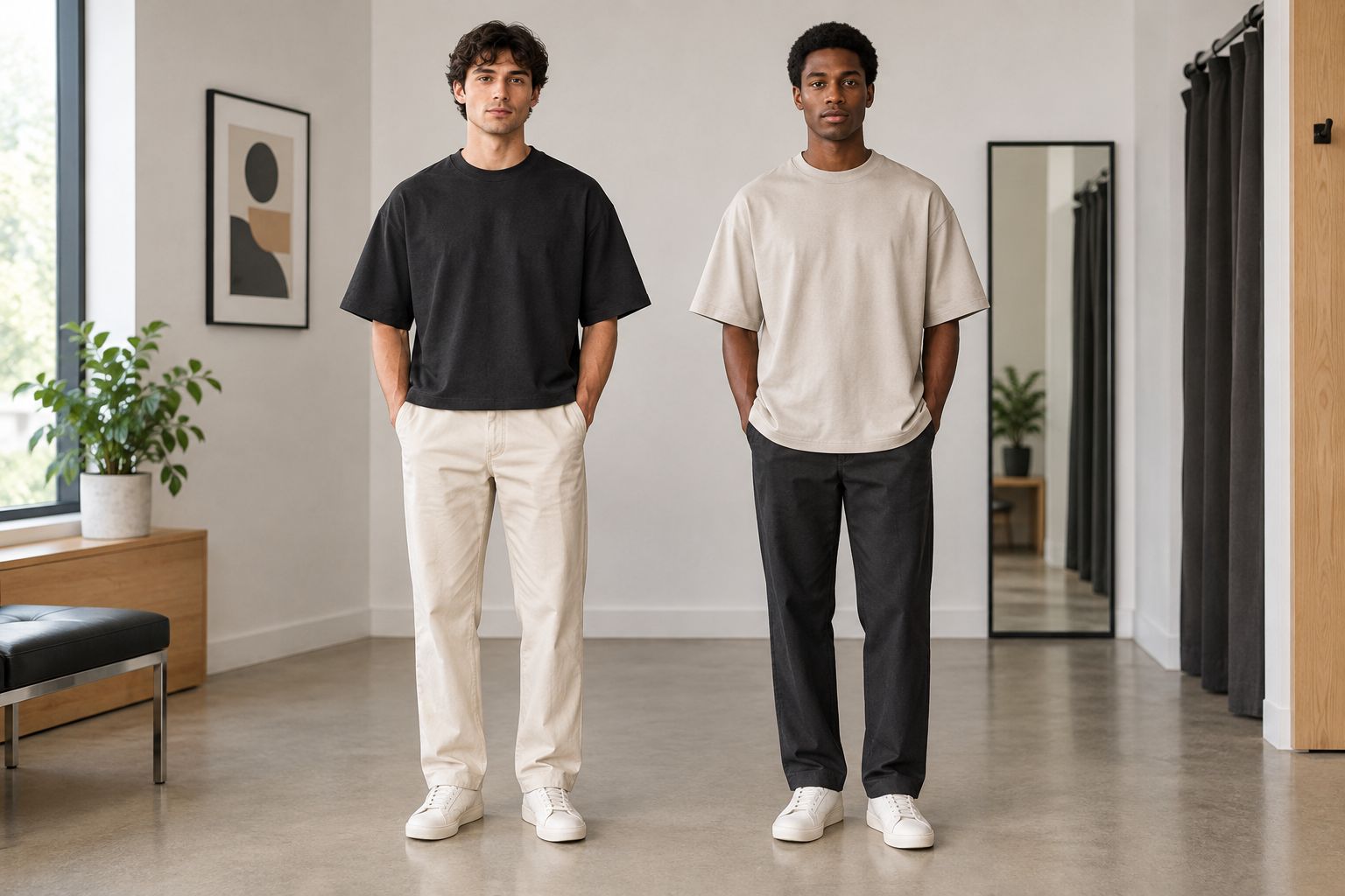 Two boxy t-shirt outfits showing different hem lengths with straight-leg trousers