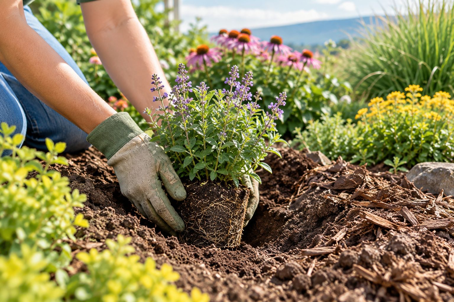 A perennial plug planted at soil level with mulch kept away from its crown