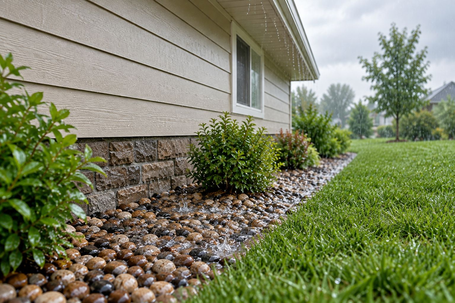 Roof runoff landing on a gravel strip beside a house, with adjacent ground sloping away