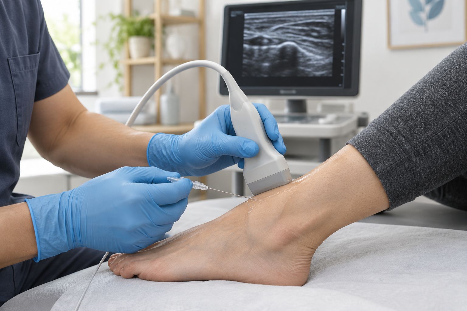 Clinician using ultrasound guidance during a foot nerve block procedure