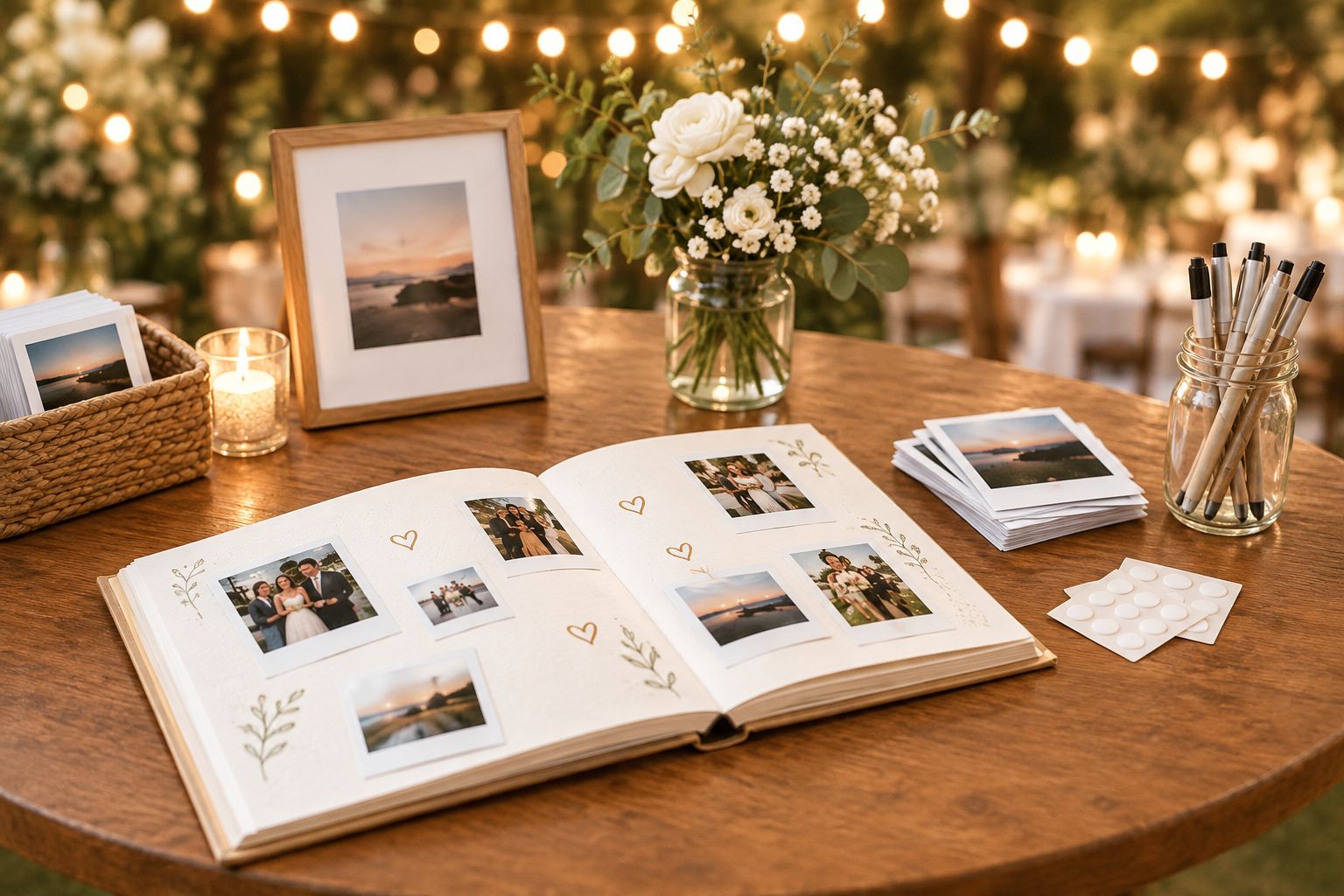 Wedding polaroid guest book station with photo book, prints, glue dots and pens