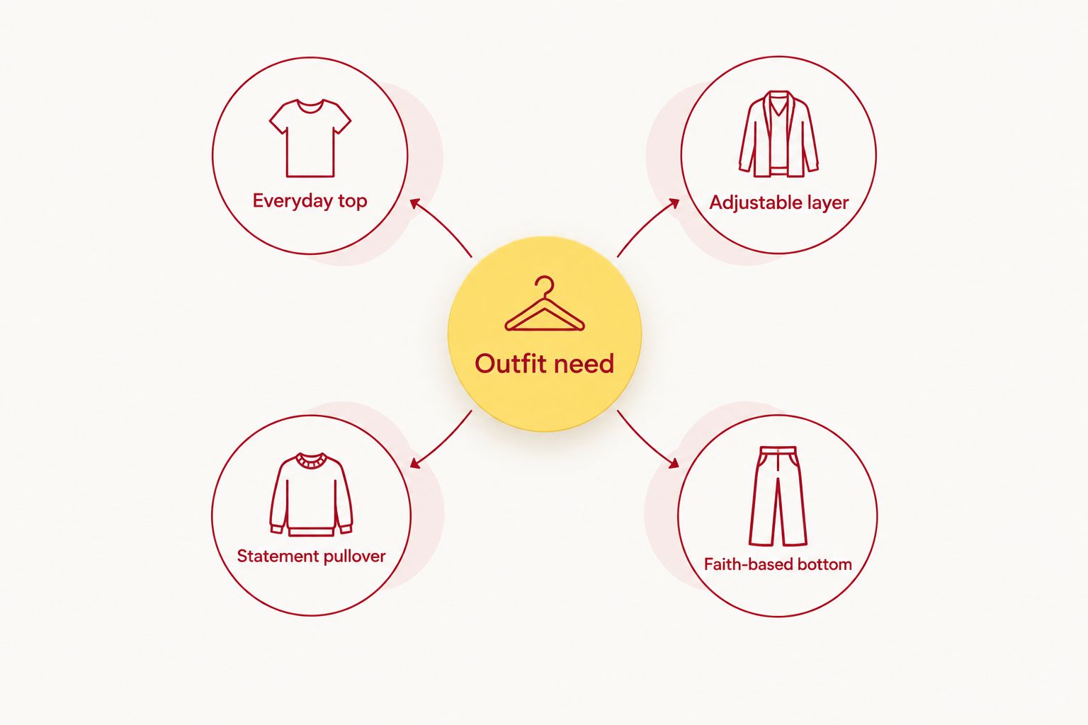 Four garment roles around an outfit need: everyday top, adjustable layer, statement pullover, and faith-based bottom.