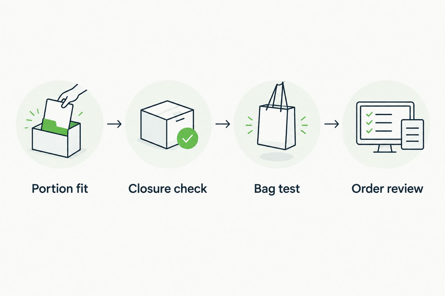 Four checks for choosing takeaway boxes: portion fit, closure, bag handling and order review.