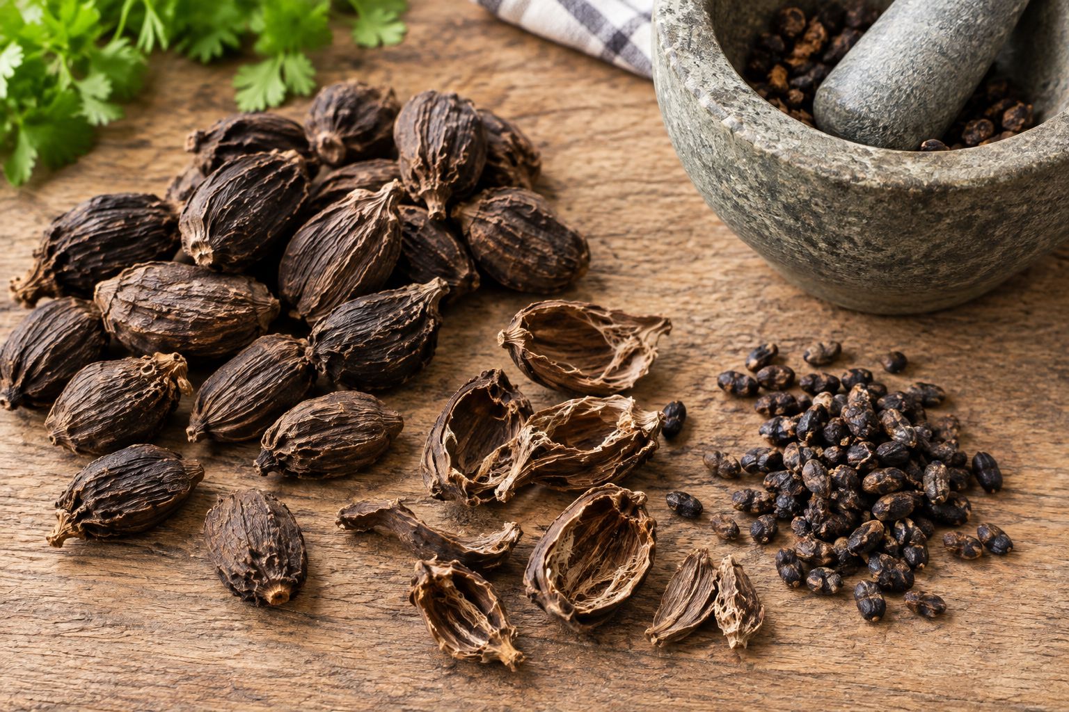 Opened black cardamom shells separated from seeds beside a mortar and pestle