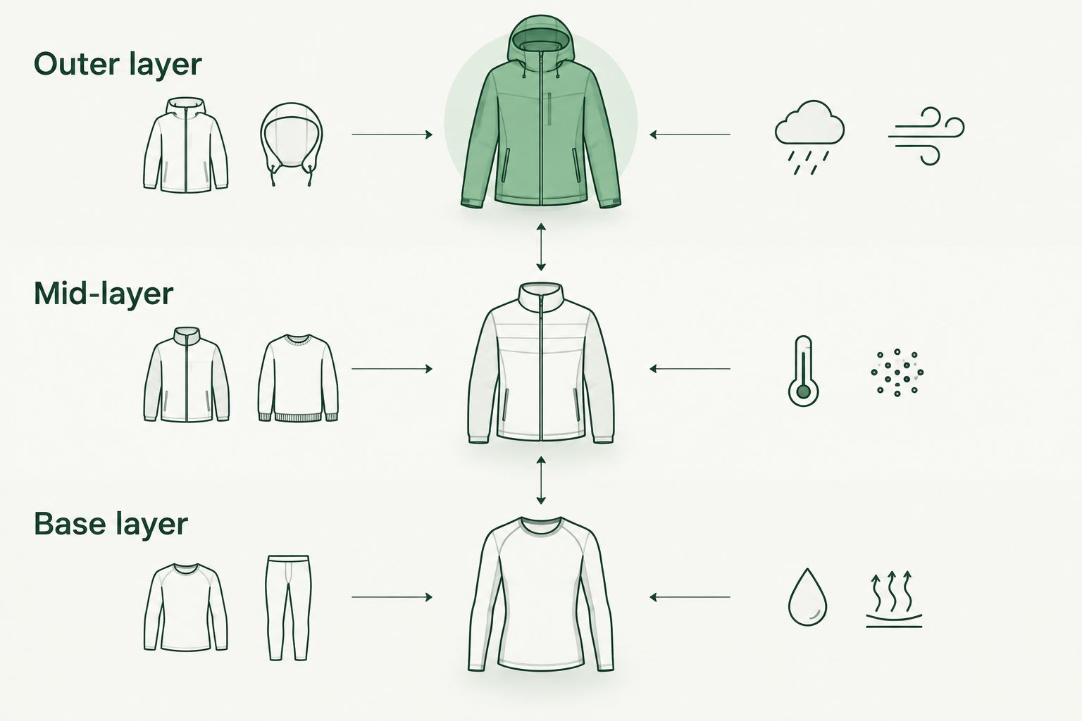 Three clothing layers separating moisture management, insulation and weather protection