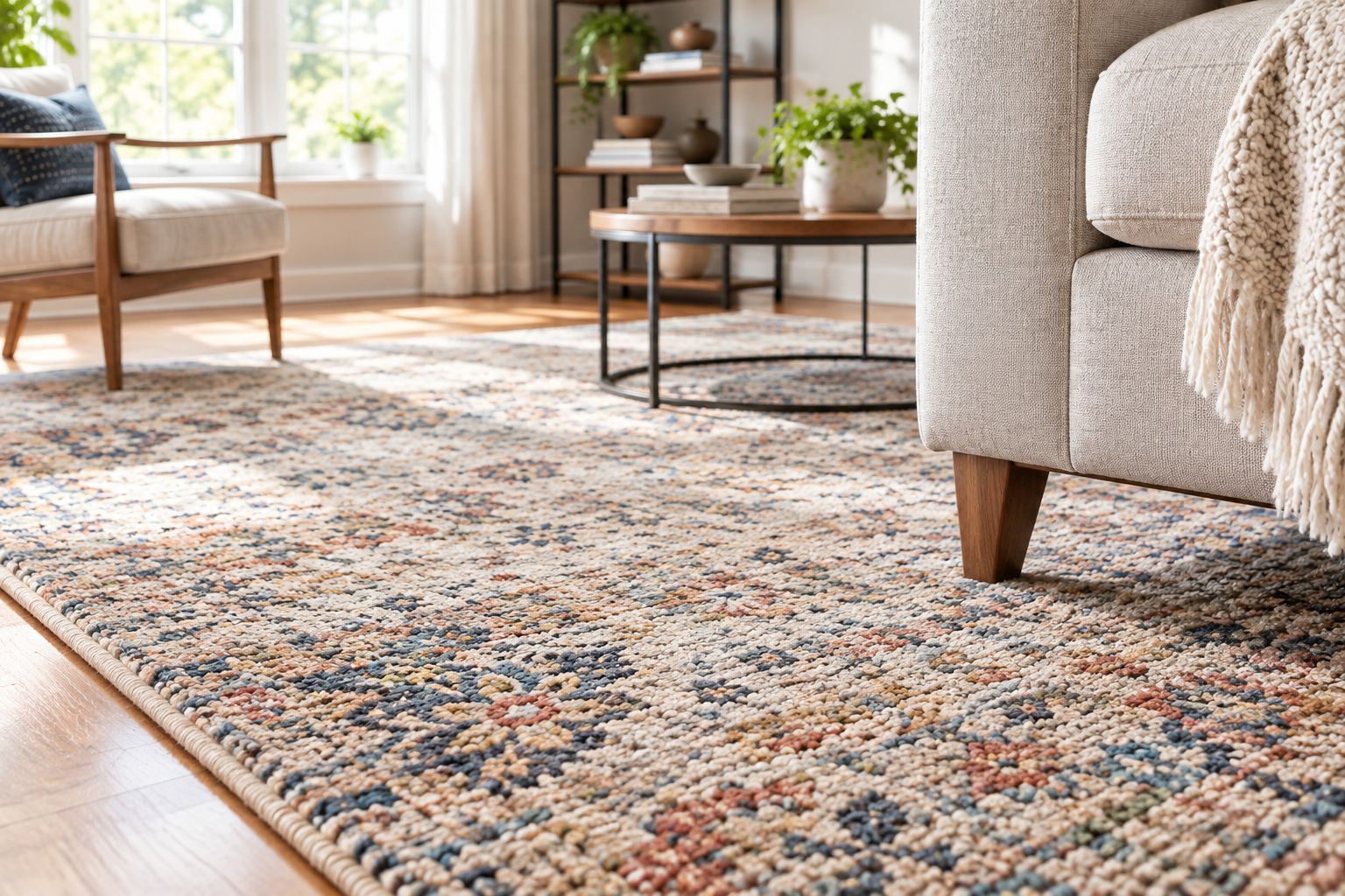 Hand-knotted wool area rug texture in a sunlit living room