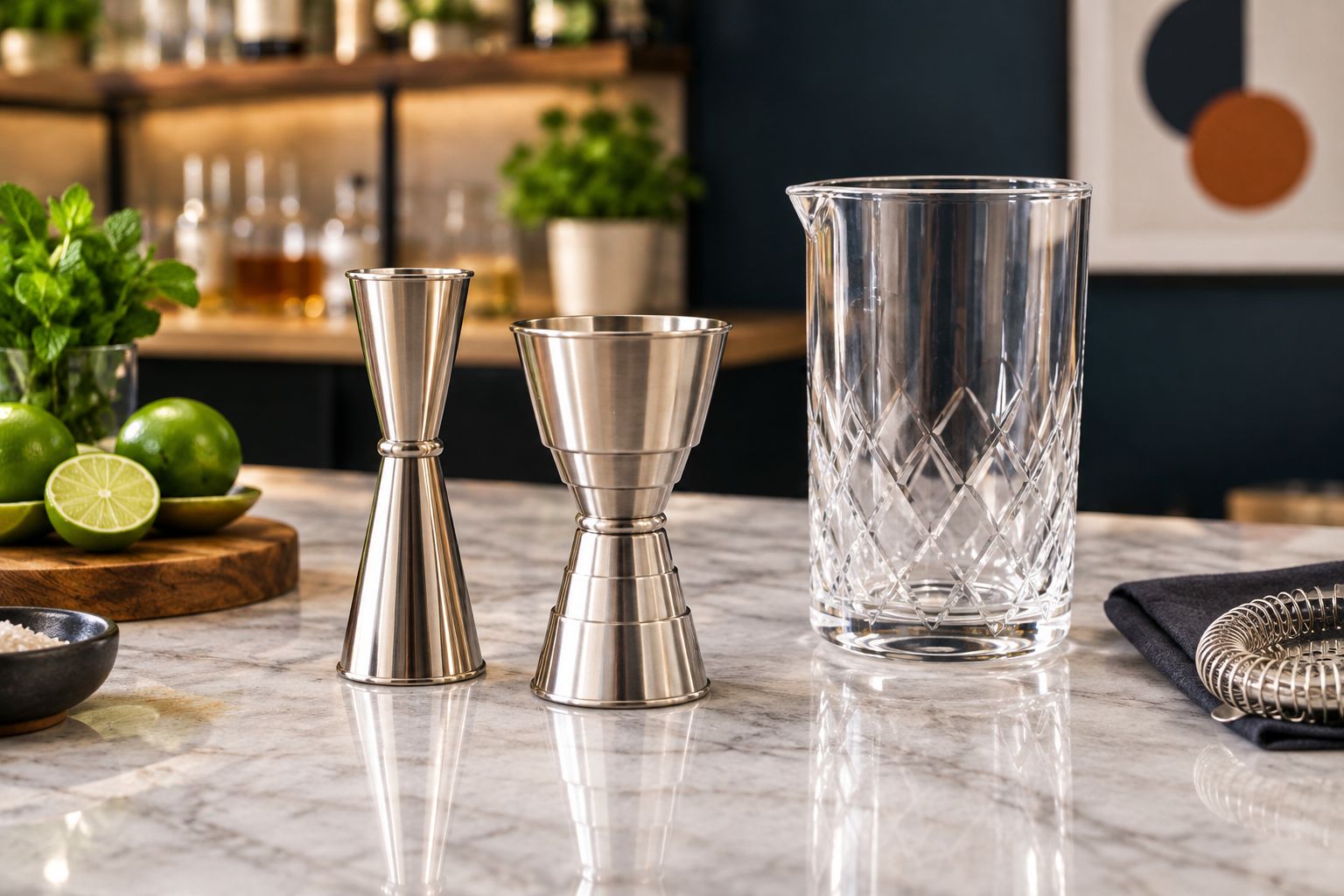 Narrow double-ended jigger beside a wider stepped jigger on a home bar counter