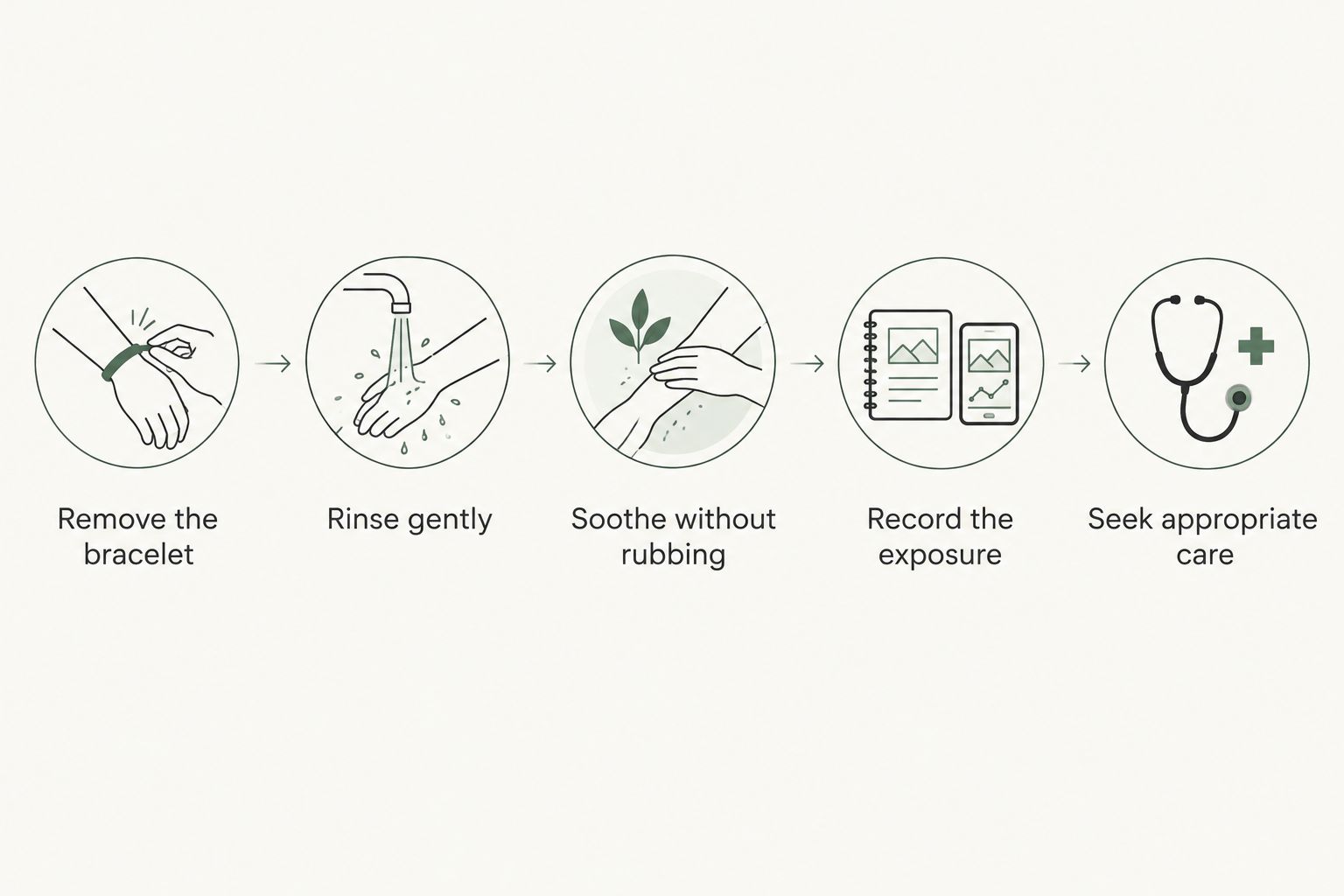 Steps for responding to bracelet irritation, from removing jewelry to seeking appropriate care.