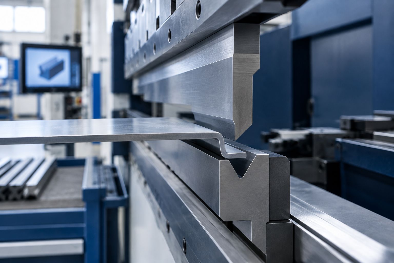 Stationary press brake tooling showing punch relief beside a formed sheet-metal flange