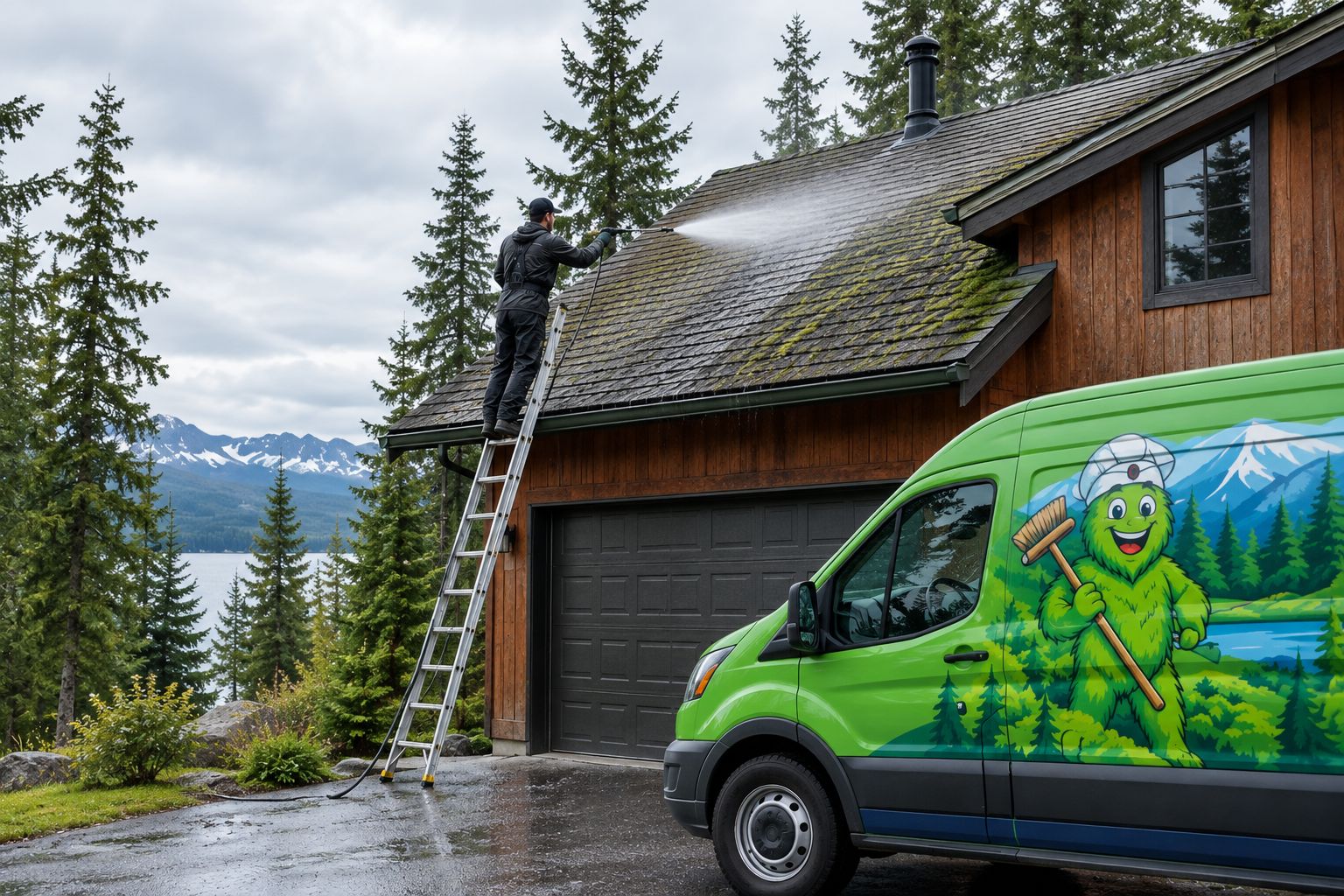 Technician soft washing a moss-streaked shingle roof shaded by spruce trees