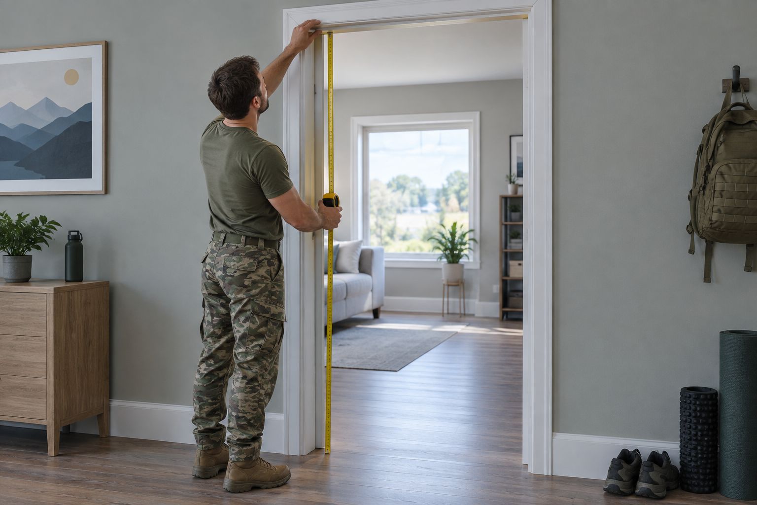 A trainee measuring a doorway and checking the surrounding training space