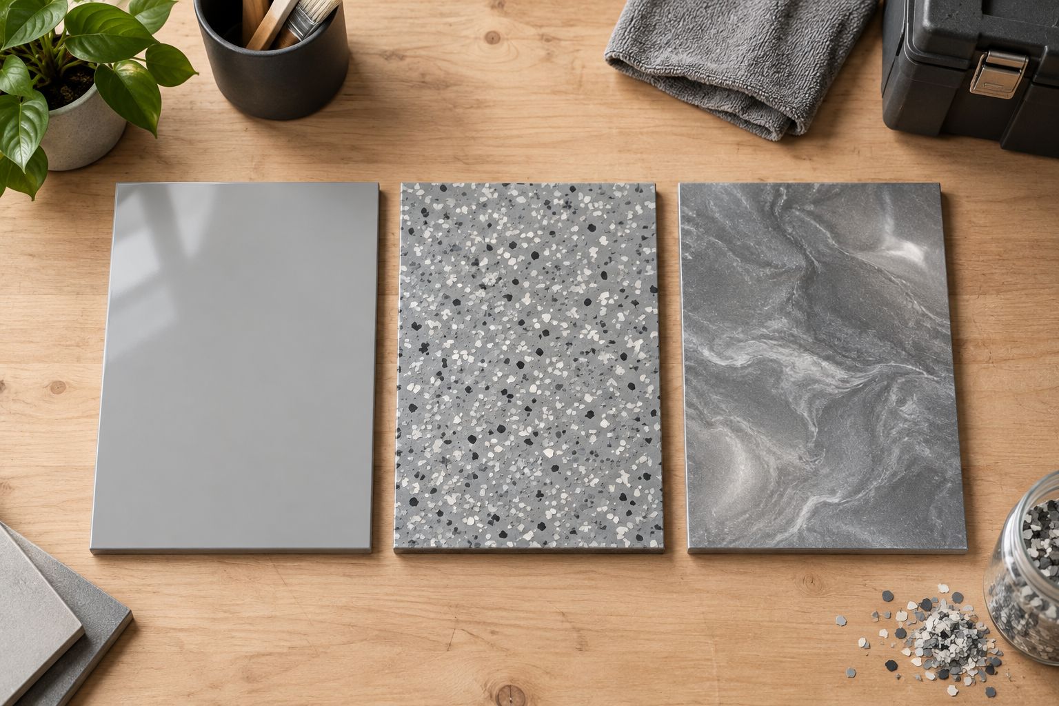 Gray flooring samples showing solid color, decorative flake, and metallic variation