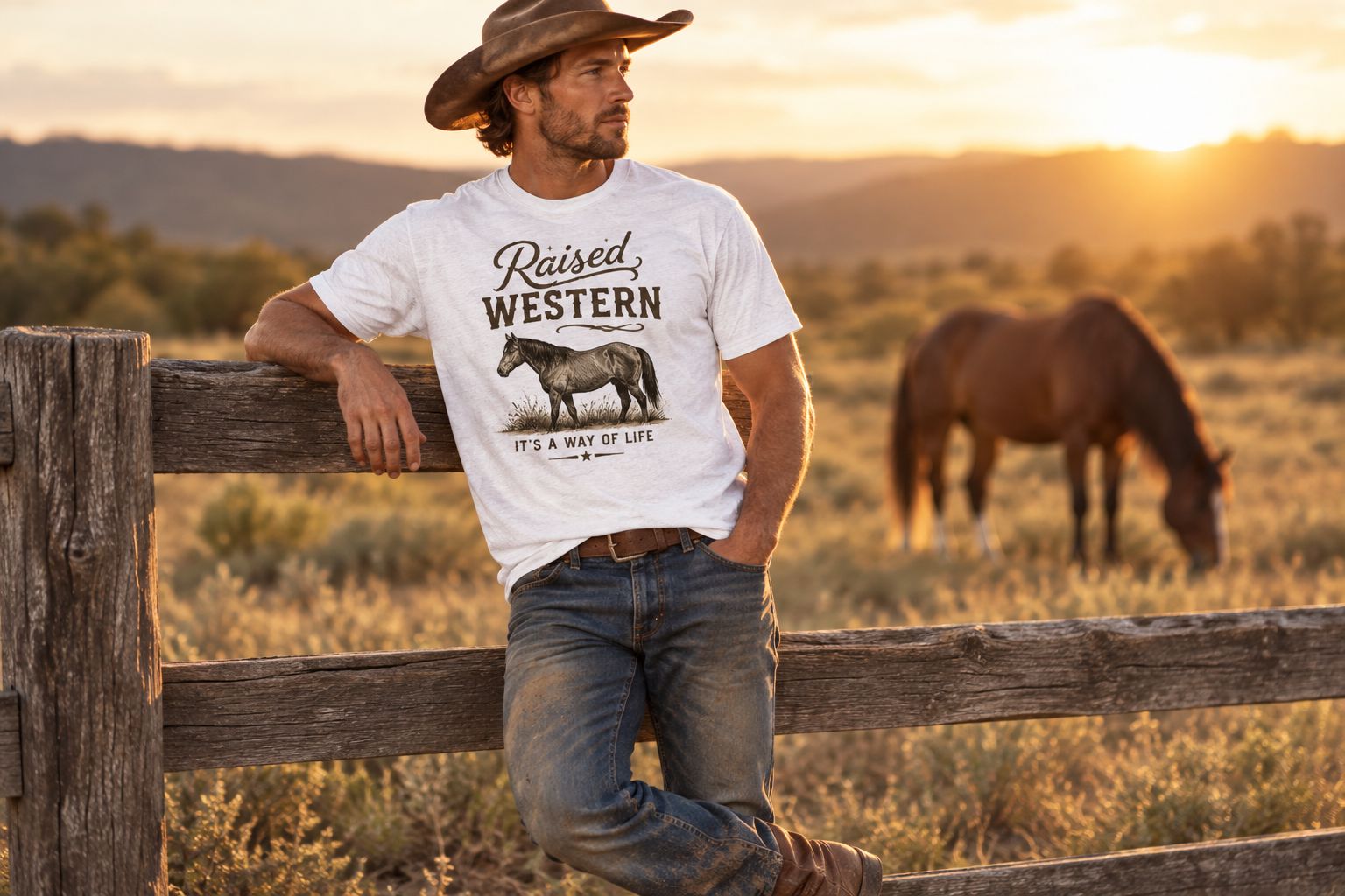 Man wearing a western graphic tee leaning on a ranch fence at sunset