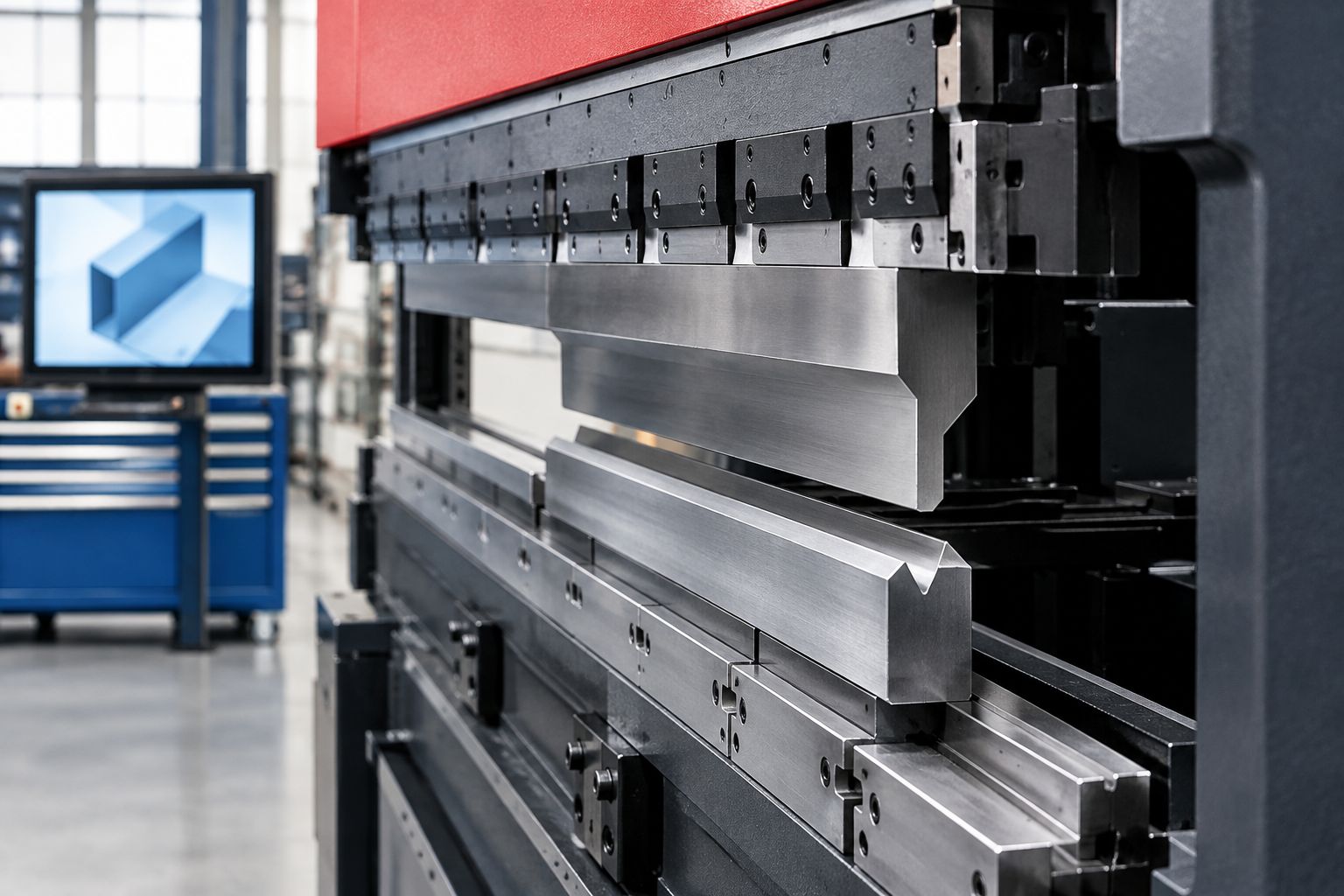 Generic press brake punch and lower V-die seated in their holders with visible sectional joints