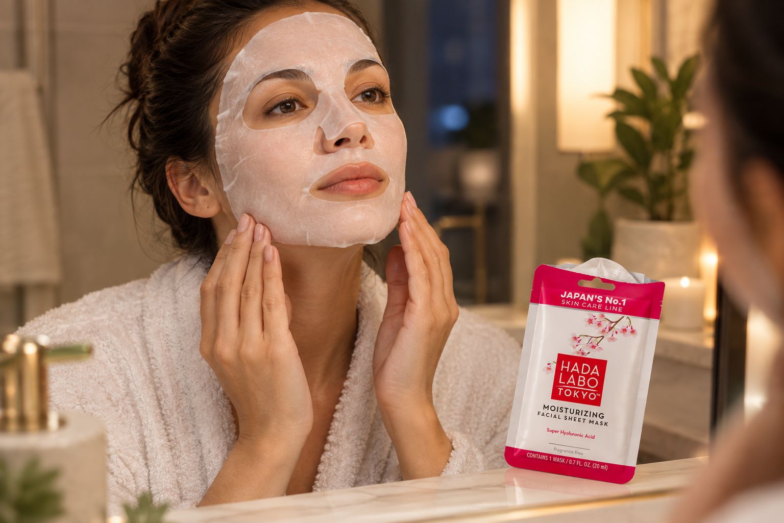 Sheet mask being applied to cleansed skin before bed