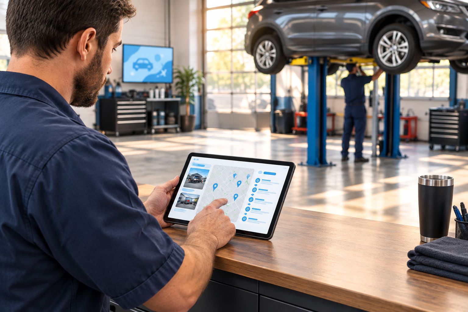 Auto repair shop owner checking a business listing on a tablet at the counter