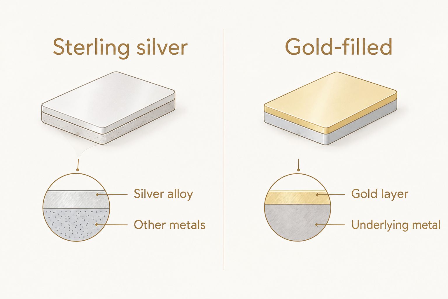 Side-by-side diagram of the surface and underlying metals in sterling silver and gold-filled jewelry