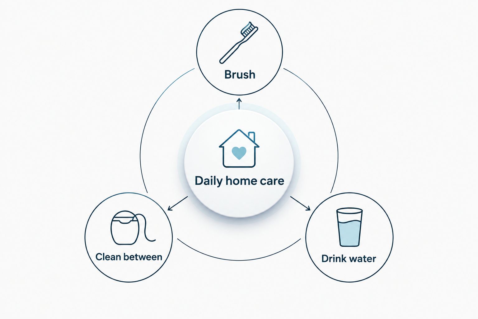 Daily home care diagram connecting brushing, between-teeth cleaning, and drinking water.