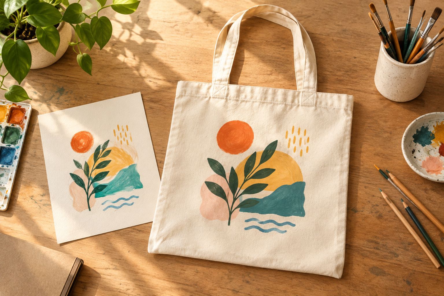 A fabric tote laid flat beside a sketch, showing the space around a centered illustration