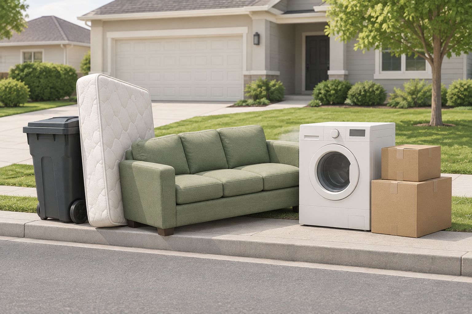 Furniture, mattress, and appliance stacked curbside for pickup