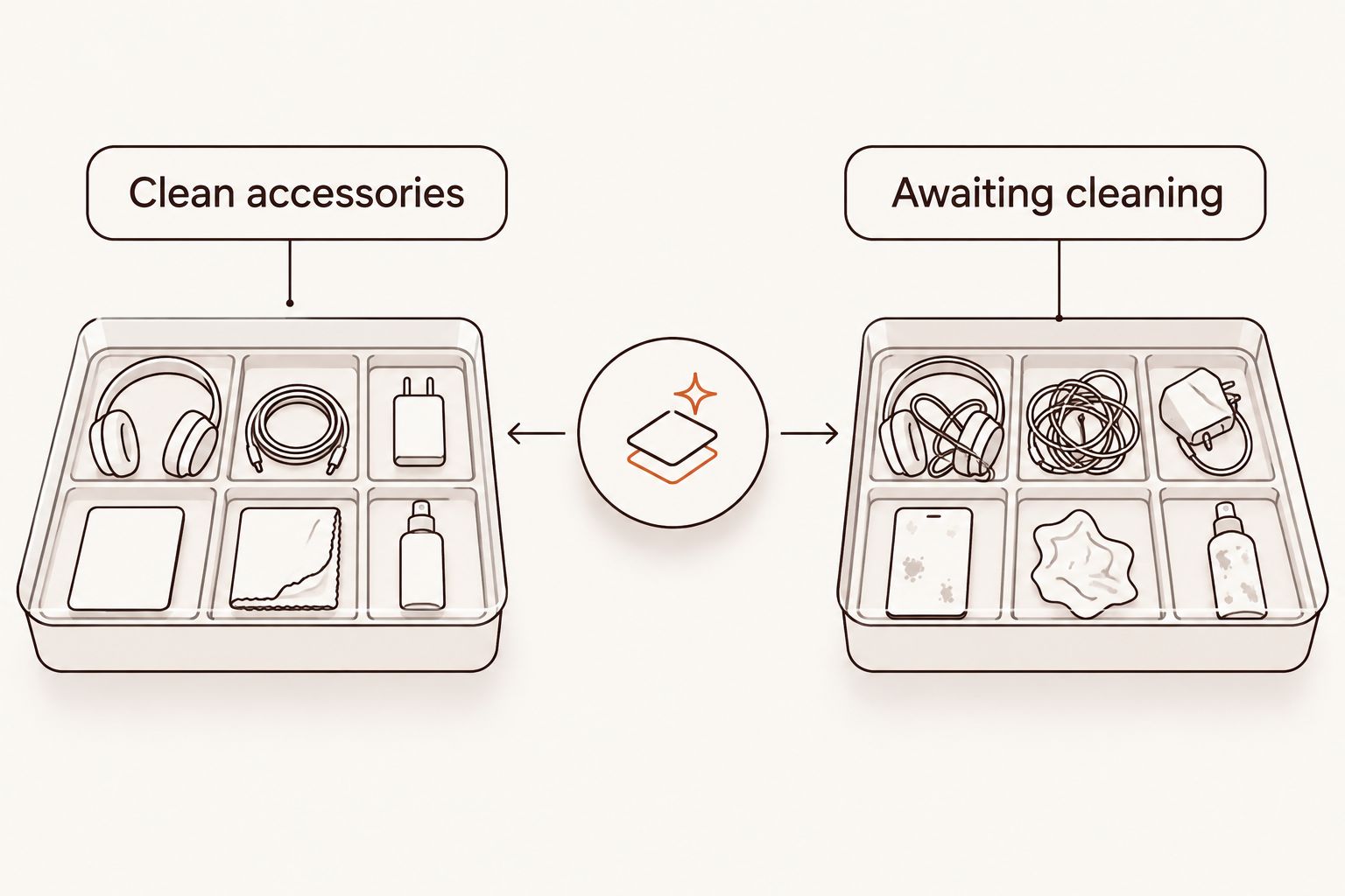 Separate storage compartments for clean accessories and items awaiting cleaning
