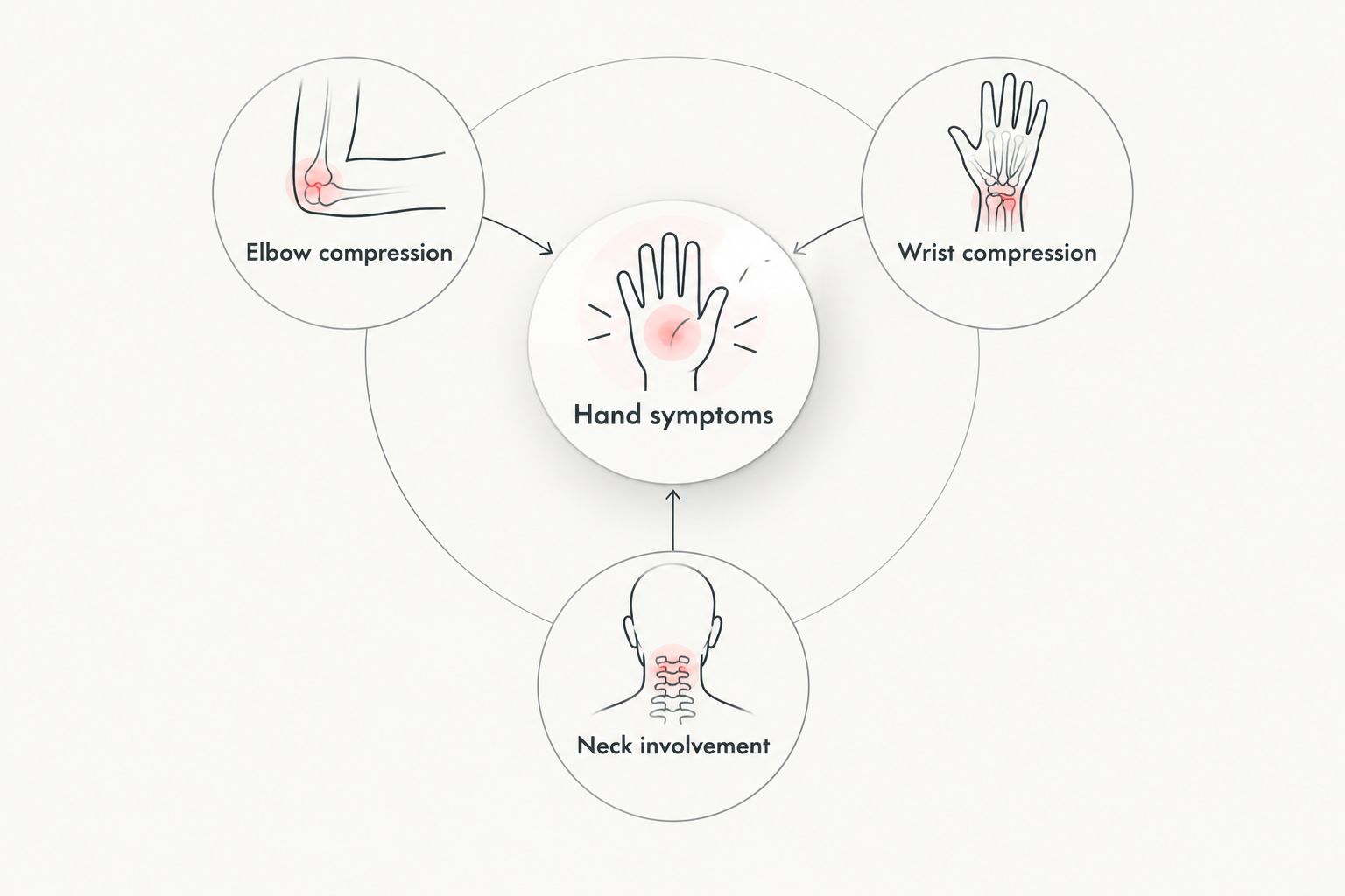 Hand symptoms connected to possible nerve compression at the elbow, wrist, or neck