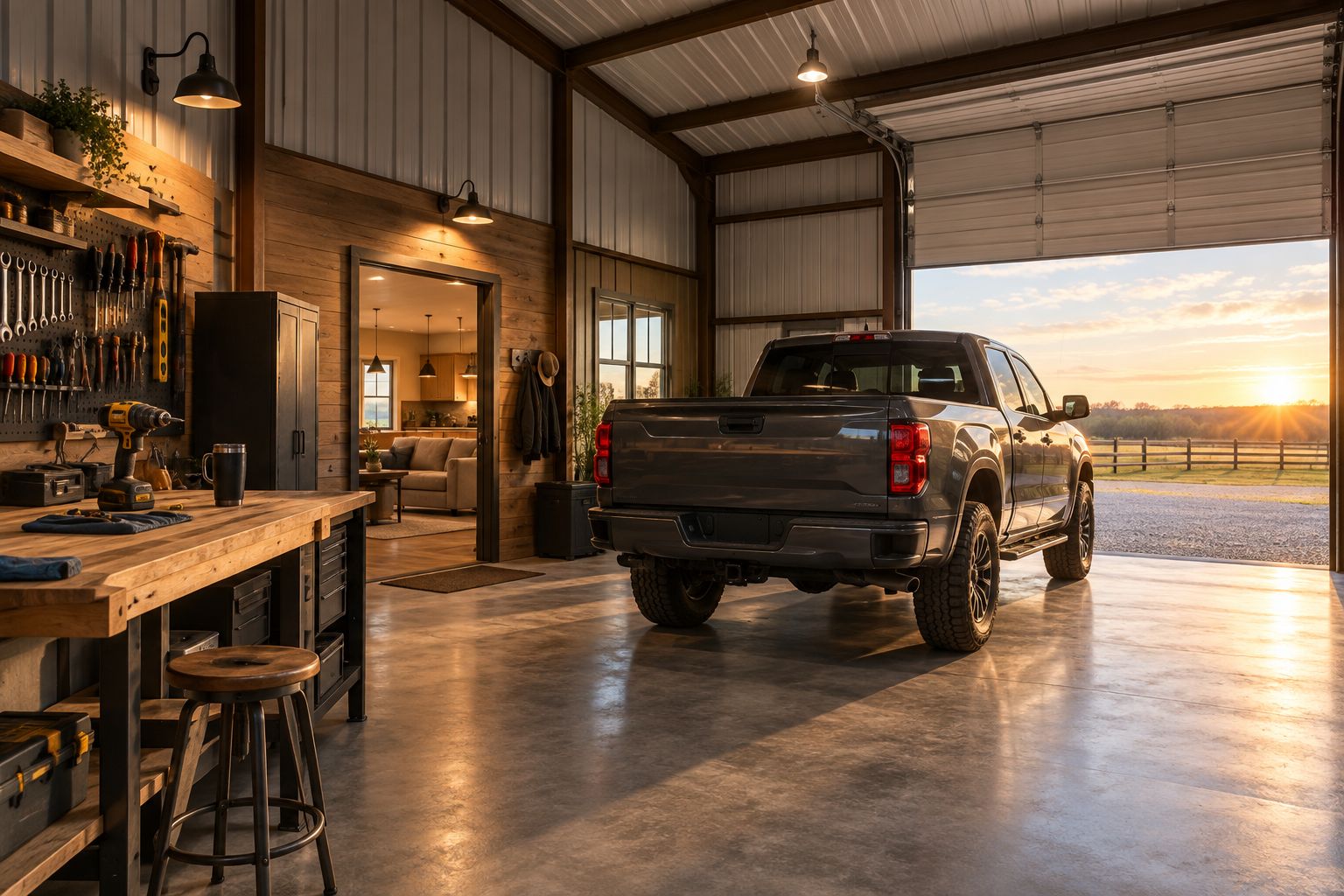 Shop bay attached to a barndominium home with a truck and workbench