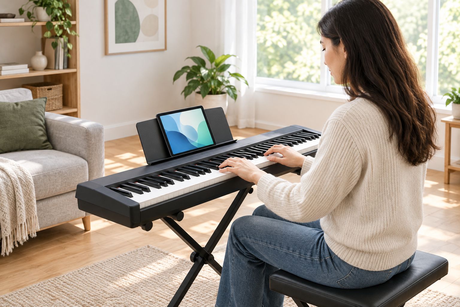 Adult seated at a portable keyboard on a stable stand in an uncluttered practice space