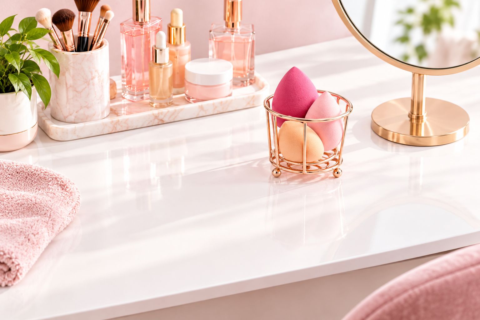 Small vanity with an open sponge stand beside a mirror and a clear working area