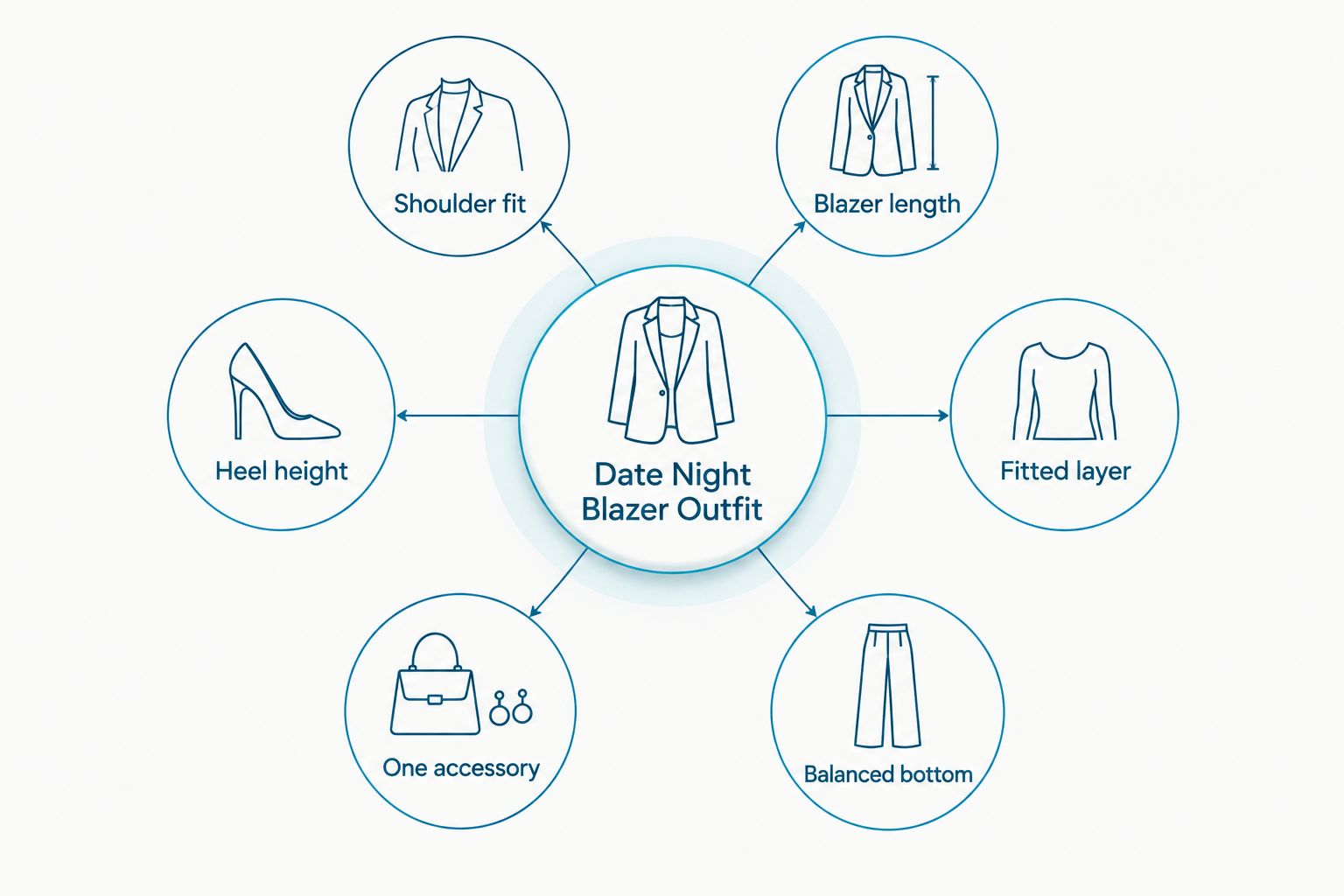 Diagram showing six elements of a plus size date night blazer outfit