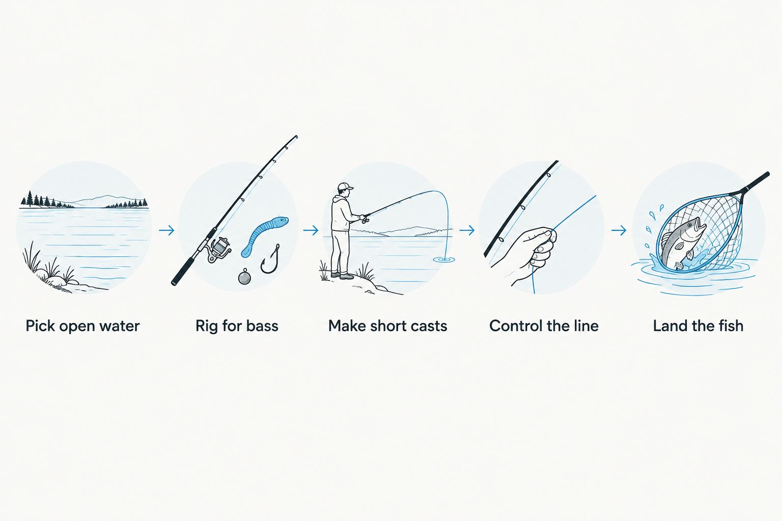 Steps for catching bass with a hand reel, from choosing open water to landing the fish