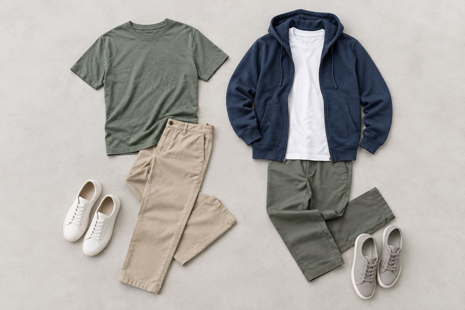 Two casual tee outfits, including an open zip-up layer that leaves the shirt front visible