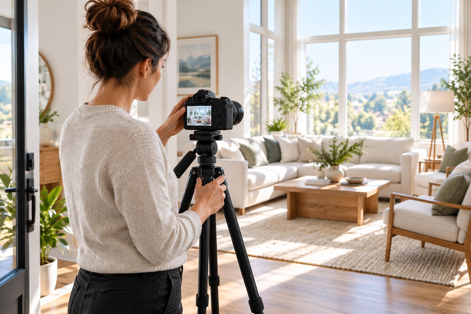 Photographer preparing camera equipment inside a staged living room