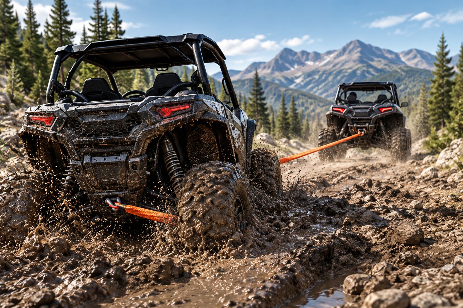 UTV being pulled out of mud using a stretched recovery rope